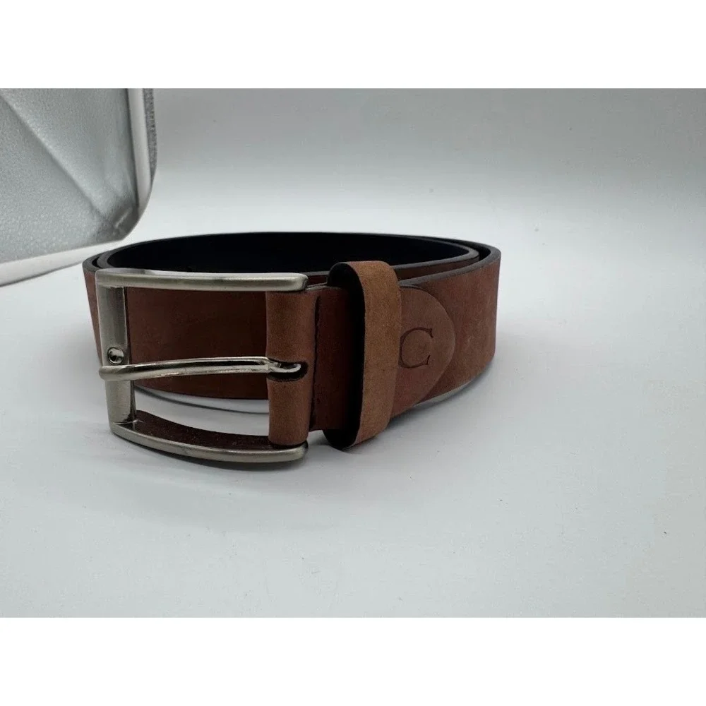 Canali Mens Brown Suede Leather Belt Solid Brass‎ Buckle Made in Italy Logo C